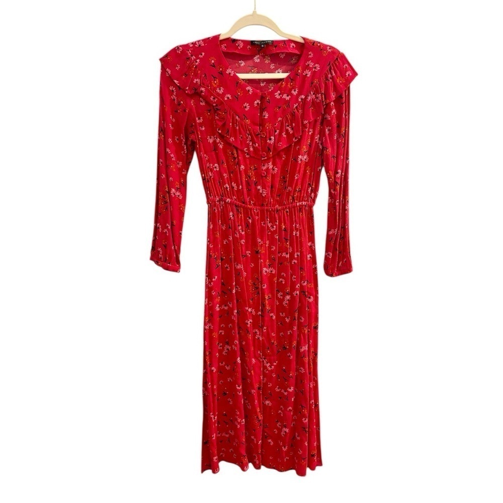 Tara Jarmon Red Midi Dress Women’s Long Sleeve Ruffled Button Front Floral 36 - Picture 5 of 10